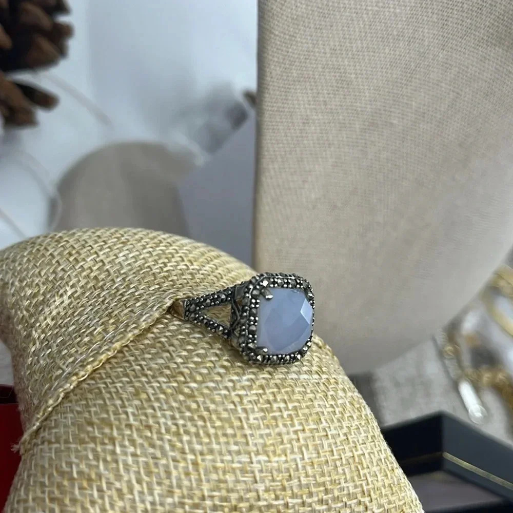 💎 Rare QVC Sterling Silver Gray Chalcedony & Marcasite Ring - Size 7 - Picture 4 of 17
